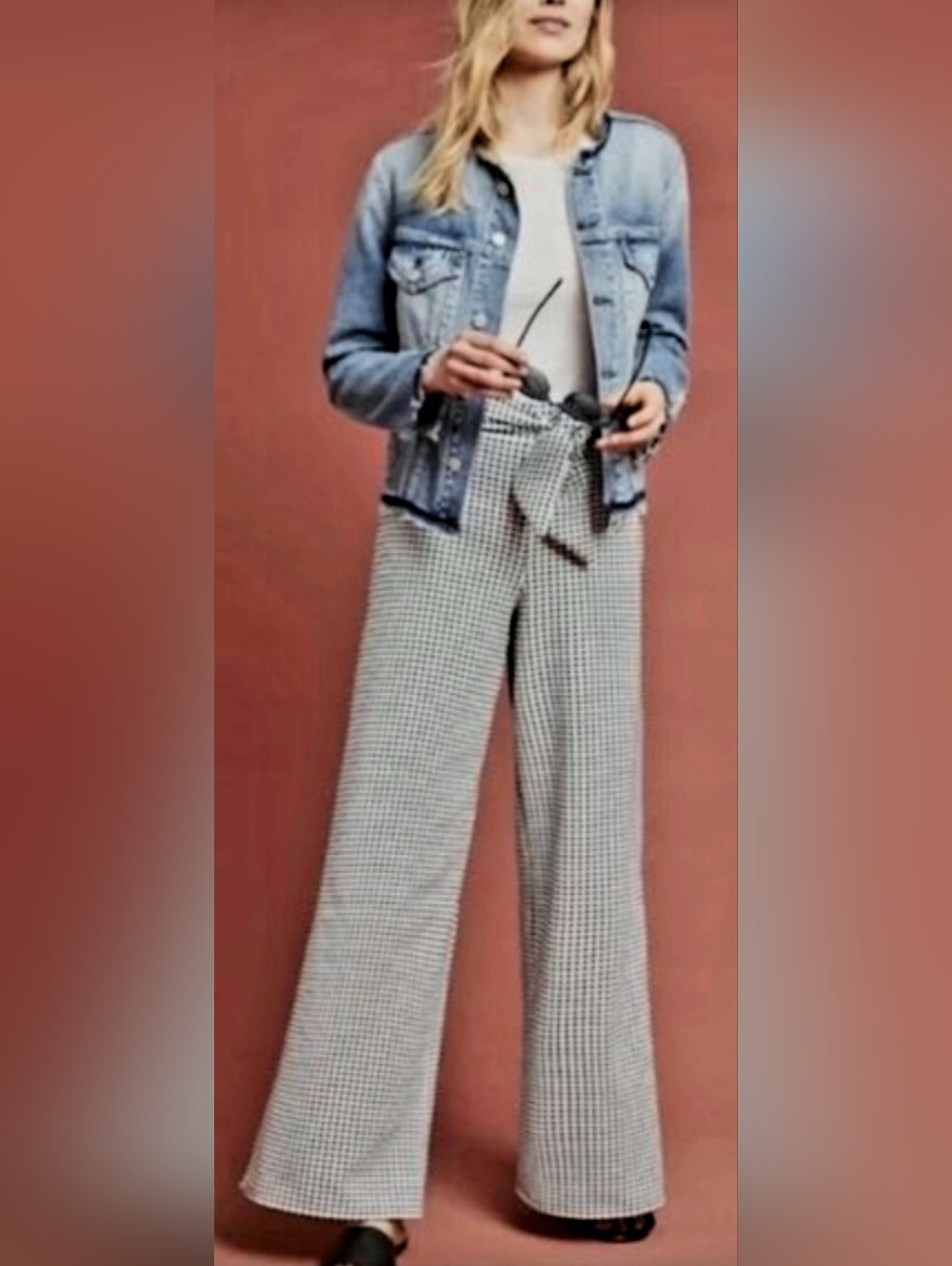 Maeve Anthropologie Charlemagle Black/White Gingham Wide-Leg Tie-Waist Pants S